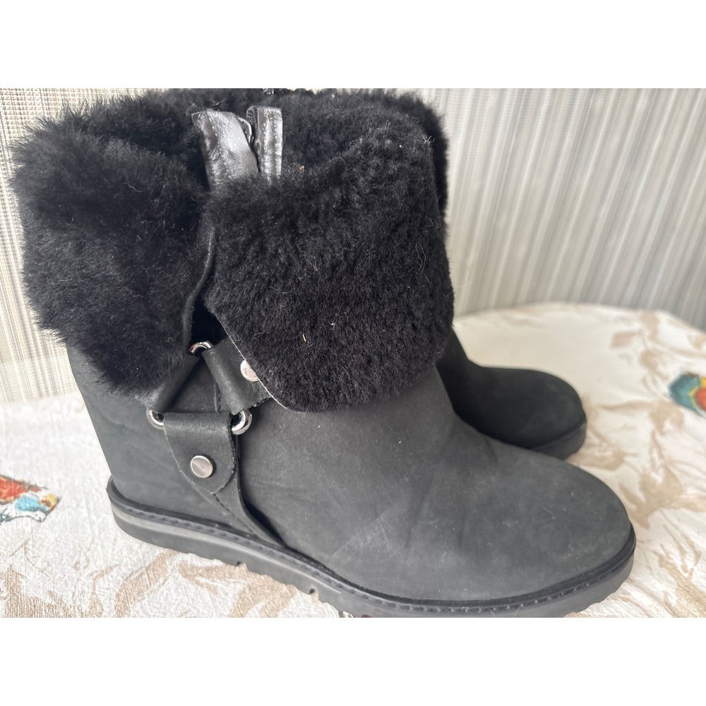 Poleoni Italian Black Leather Faux Fur Trim Wedge Ankle Boots Size 38
